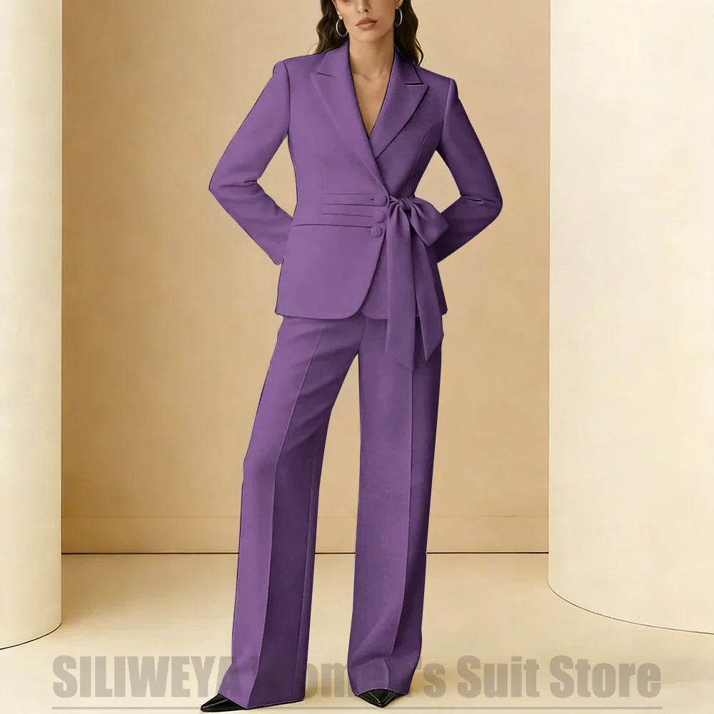 Women's Suit 2 Piece Bow Belt Design Formal Outfit for Wedding Party Prom Office Fashion Peak Lapel Daily Casual Lady Suits