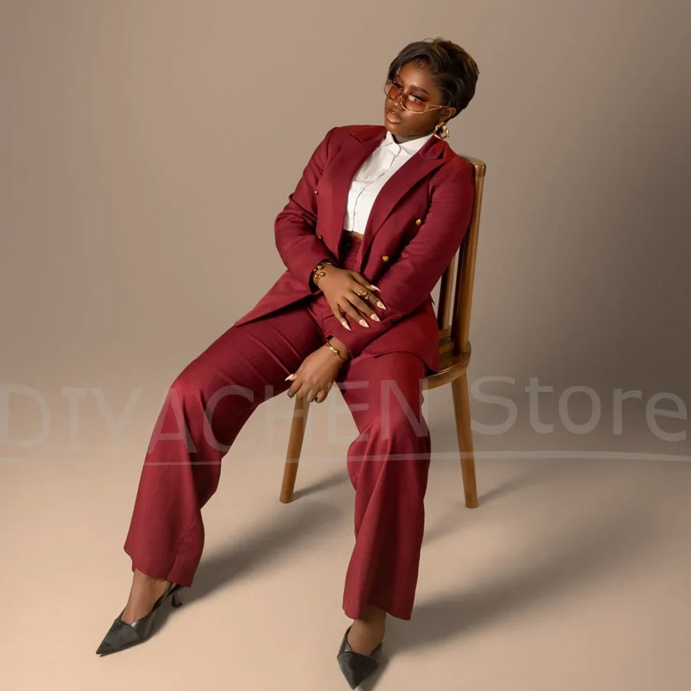 Women Suit Double Breasted Gold Button Blazer And Wide Leg Pants Two Piece Elegant Formal Office Business Casual Party Tuxedo
