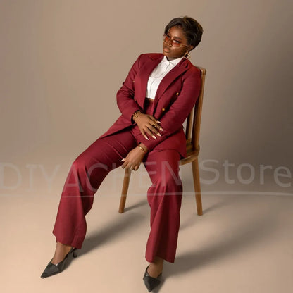 Women Suit Double Breasted Gold Button Blazer And Wide Leg Pants Two Piece Elegant Formal Office Business Casual Party Tuxedo