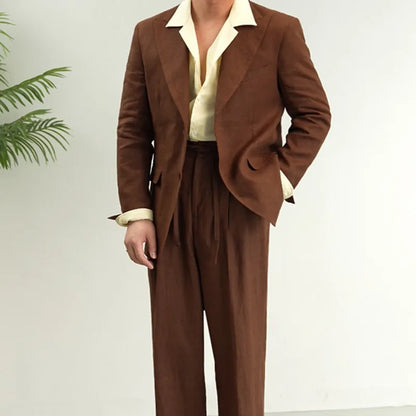 Men Retro Linen Suit Set Notched Collar Thin Business Casual Blazers Two Piece Set Lace Up Long Pant Full Length Trousers Outfit