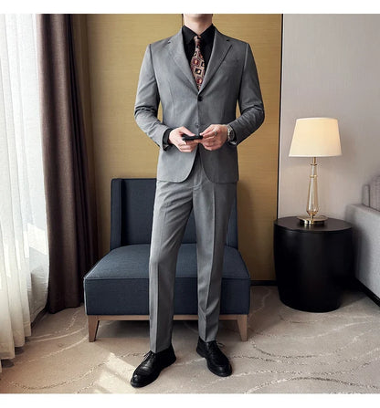Men's bird's eye pattern high-end craftsmanship summer thin suit set, two-piece wedding banquet business casual suit