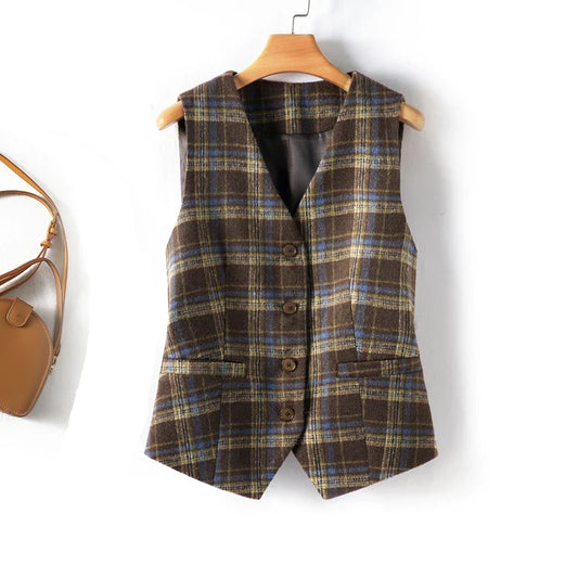 Autumn and Winter Women's Imitation Wool Vest Single-Breasted Warm Inner Layer Fashionable Slim Fit Plaid Short V-Neck Top Outerwear