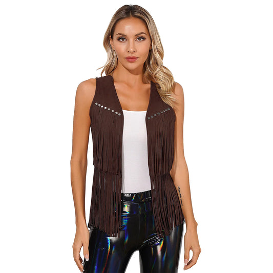 Women's Tassel Vest Fashion Rivets Fringe Waistcoat Open Front Sleeveless Vests Festival Rave Party Carnival Halloween Costumes