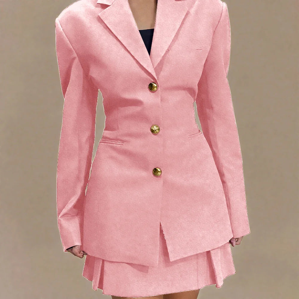 Women's Pleated Skirt Suit Set 2025 2Pieces(Tailored Blazer&High Waist Skirt) Office Chic Single-breasted Notch Lapel Outfit