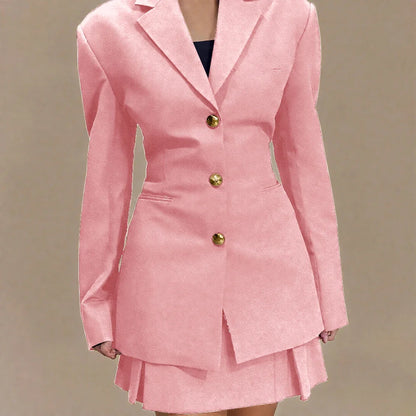 Women's Pleated Skirt Suit Set 2025 2Pieces(Tailored Blazer&High Waist Skirt) Office Chic Single-breasted Notch Lapel Outfit