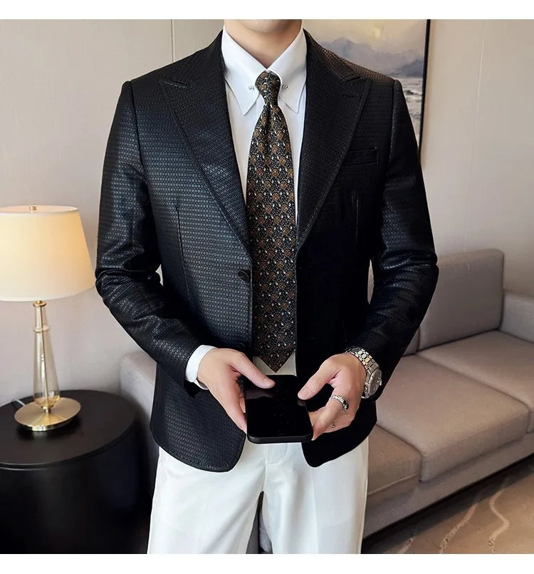 Korean Waffle Leather Suit Jacket Men's Business Casual PU Leather Blazer Slim Fit Wedding Groom Office Social Formal Coats 2026