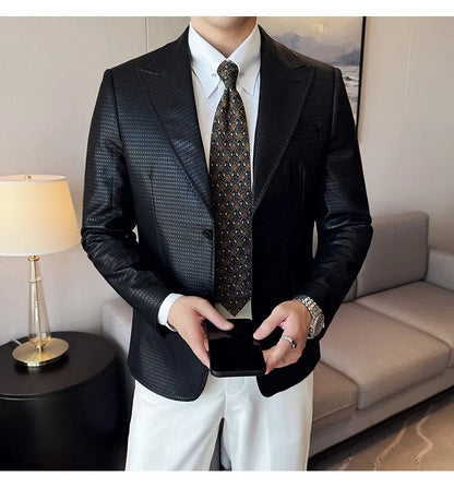 Korean Waffle Leather Suit Jacket Men's Business Casual PU Leather Blazer Slim Fit Wedding Groom Office Social Formal Coats 2026