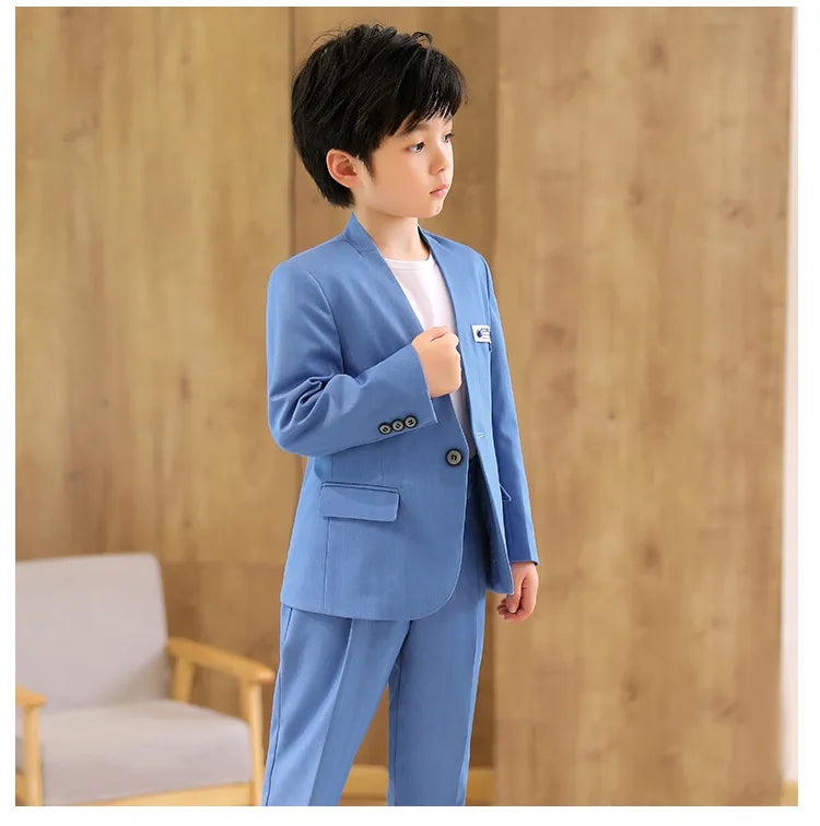 Boys Formal Suit Set Kids Wedding Tuxedo Jacket Pants Blue Ceremony Outfit