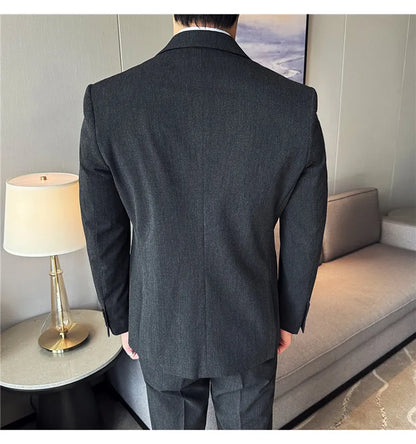 Men's 3 Piece Suit Set Double‑Button Solid Color Slim Fit Business Casual Wedding Banquet Party Jacket Vest Pants Formal Outfit