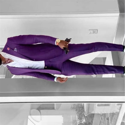 Men's 2-Piece Business Formal Classic Costume Wedding Suits Peak Groom Black Purple Blazer Jacket And Pants Set