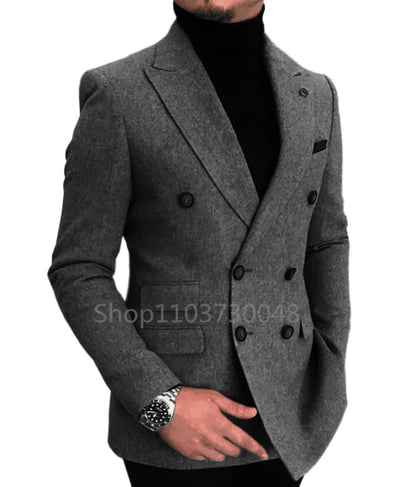 Men's Woolen Blazer Jacket Peak Lapel Double Breated Suit Coat Slim Fit Male Casual Business Wool Men's Jacket For Autumn Winter