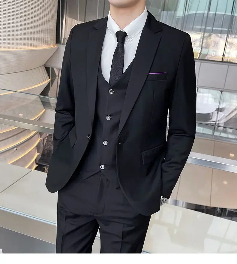 Suit (Blazer + Vest + Pants) Men's Smart Casual Business Formal Korean Style Banquet Suit