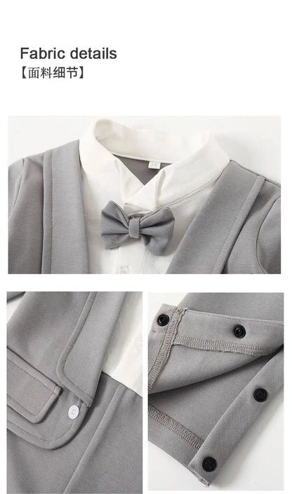 Toddler Baby Boy Black Tuxedo Romper Suit Fake Blazer Long Sleeve Jumpsuit With Bow Tie Wedding Baptism Gentleman Formal Outfit