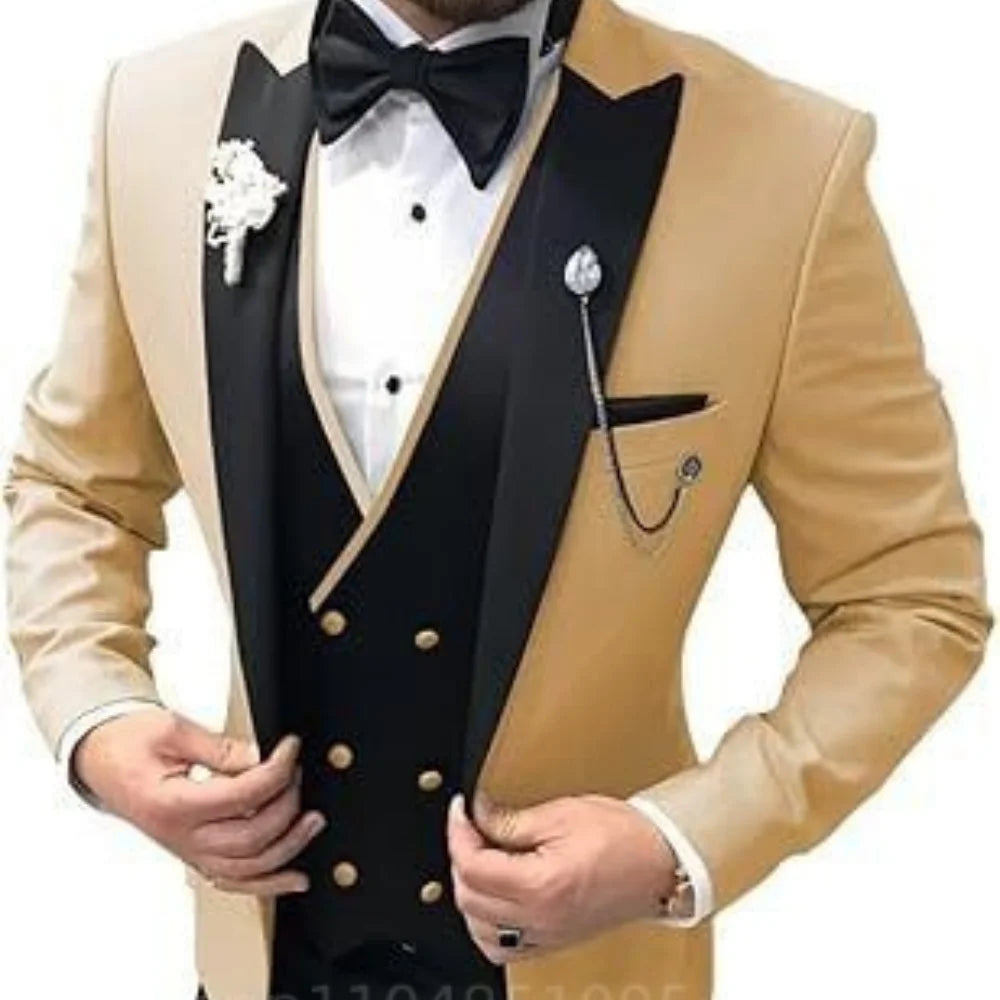 Men's 3-Piece Double Breasted Suit – Peak Lapel Tuxedo Jacket, Vest & Pants for Weddings & Formal Events