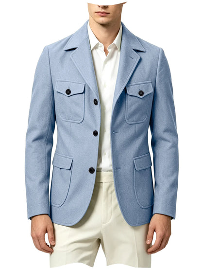 Men's Wool Blazer Notched Lapel Slim Fit 3 Buttons Suit Jacket Multi Pockets Casual Business Autumn Winter Dress Coat Daily Wear