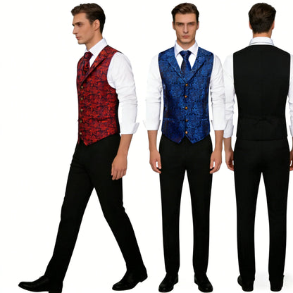Men's Suit Vest Set with Tie Hanky and Cufflinks – Royal Red Paisley Waistcoat for Wedding and Business