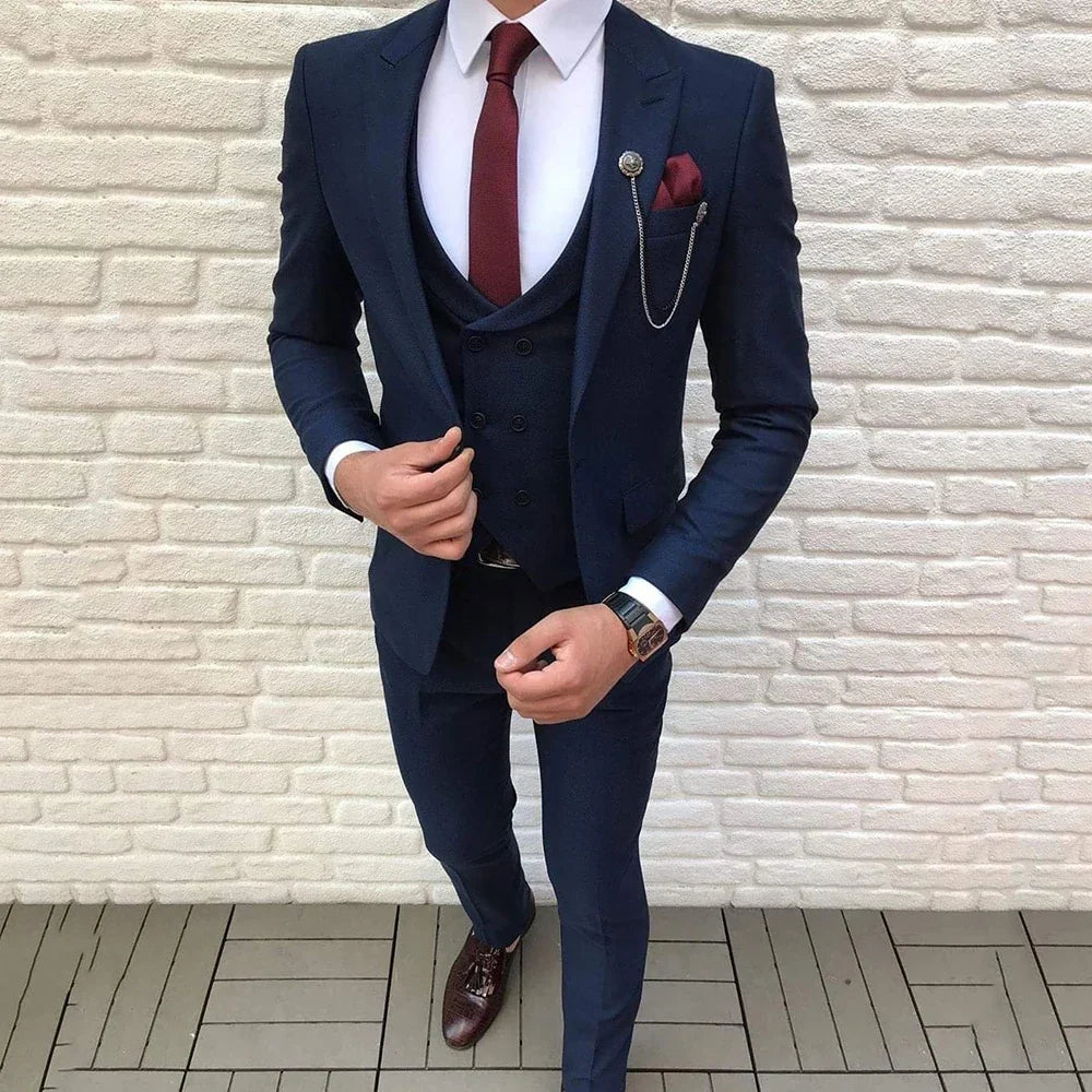 New Tailor Peak Lapel Navy Blue One Button Suit Men Double Breast Vest Slim Fit Groom Tuxedos Business 3 Pic Suit Blazer