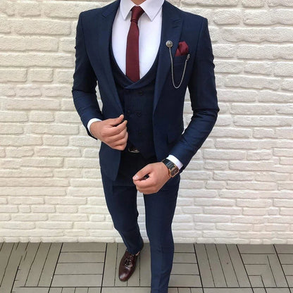 New Tailor Peak Lapel Navy Blue One Button Suit Men Double Breast Vest Slim Fit Groom Tuxedos Business 3 Pic Suit Blazer