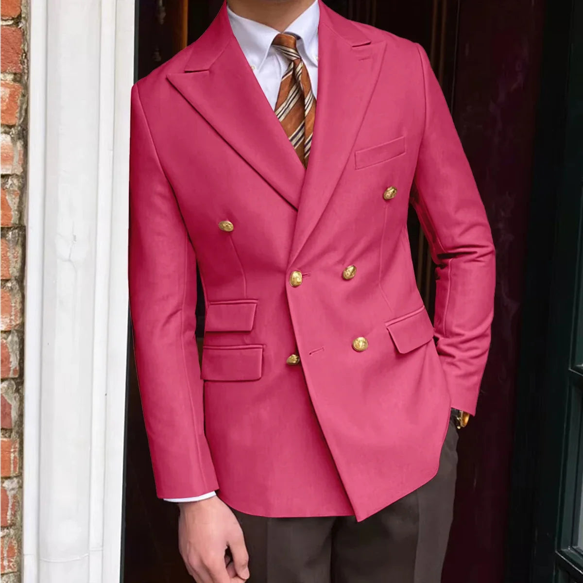 Men's Brown Serge Blazer Double Breasted Peak Lapel Gold Button Slim Fit British Style Fashion Suit Jacket Formal Business Casua