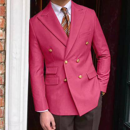 Men's Brown Serge Blazer Double Breasted Peak Lapel Gold Button Slim Fit British Style Fashion Suit Jacket Formal Business Casua