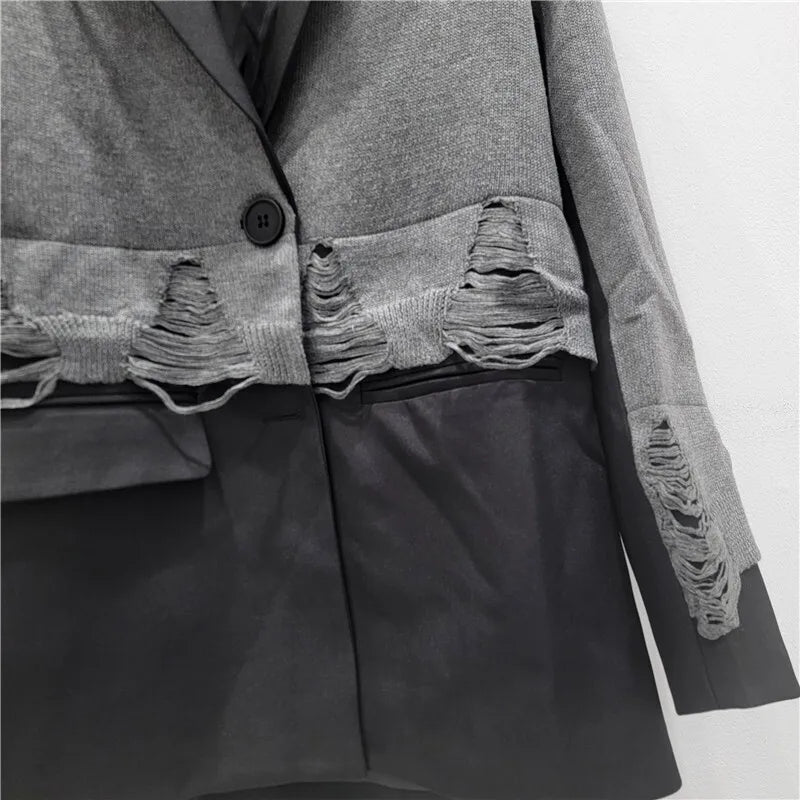 2025 Autumn New Women Blazer Notcged Collar Single Button Distressed Knitted Patchwork Color Block Tide Chic Jacket HK13269