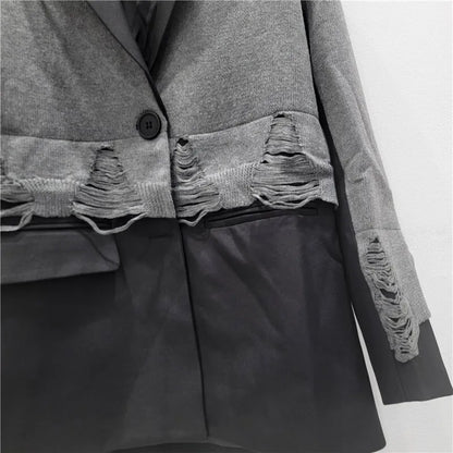 2025 Autumn New Women Blazer Notcged Collar Single Button Distressed Knitted Patchwork Color Block Tide Chic Jacket HK13269