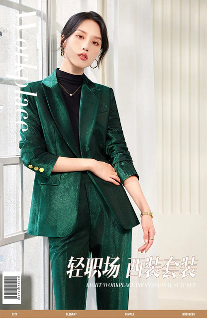 Pleuche Two Piece Sets Womens Outifits 2024 New Fashion Slim Elegant Long Sleeve Blazer Office Lady Flare Pants Suits