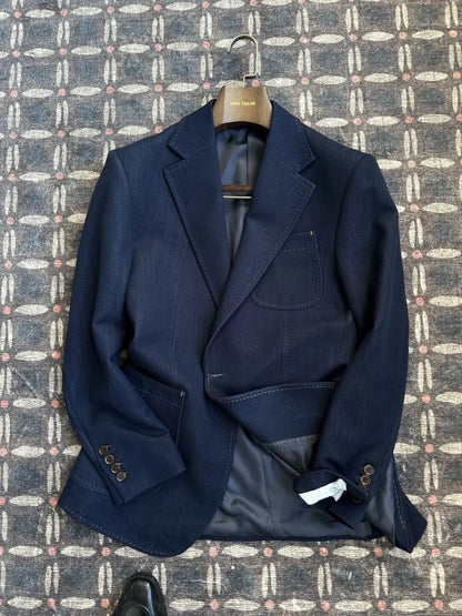 Business Men Office Work Denim Blue Lapel Single Breasted Blazer Jacket Casual Italian Style Designer Male Suit Two Piece Sets