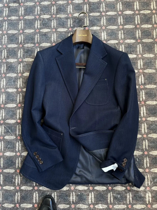 Business Men Office Work Denim Blue Lapel Single Breasted Blazer Jacket Casual Italian Style Designer Male Suit Two Piece Sets