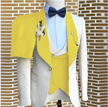 White Jacquard Elegant suits Men For Wedding Formal Jacket Vest Pants 3 Pieces Groomsman Tuxedos Tailored Male Fashion Clothing