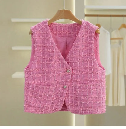 Women Small Fragrance Vest New Spring Autumn Tweed Vest Coat Sleeveless Short Jacket Female Casual Tops Waistcoat Chaleco Mujer