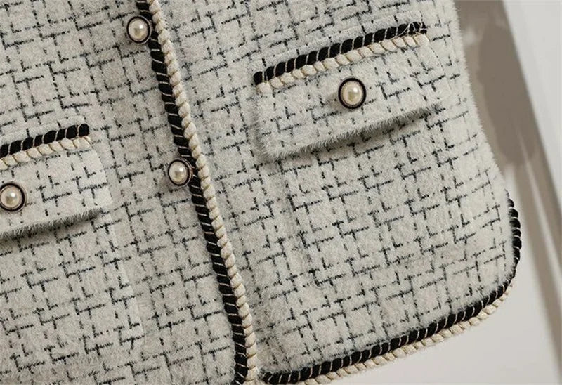 Women V-neck Tweed Sleeveless Vest Female Splicing Together Waistcoat Top Autumn Lady Lmitation Mink Fur Vest Jacket