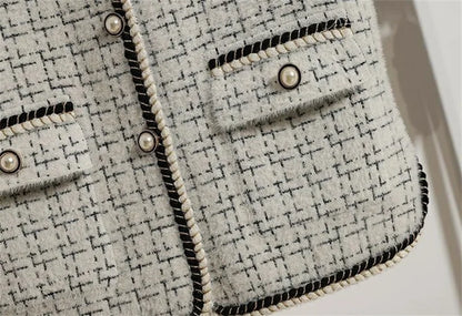 Women V-neck Tweed Sleeveless Vest Female Splicing Together Waistcoat Top Autumn Lady Lmitation Mink Fur Vest Jacket