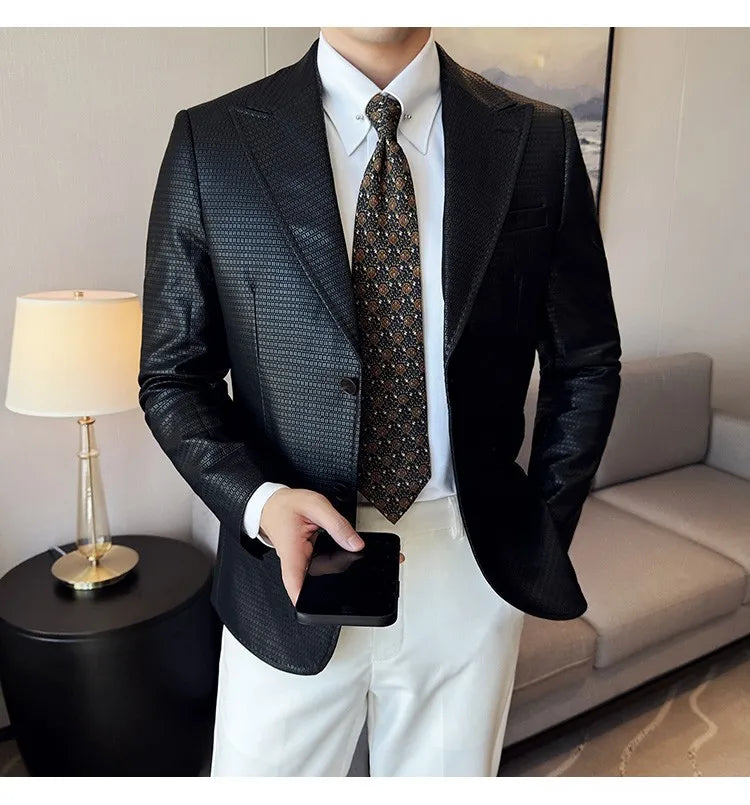 Korean Waffle Leather Suit Jacket Men's Business Casual PU Leather Blazer Slim Fit Wedding Groom Office Social Formal Coats 2026