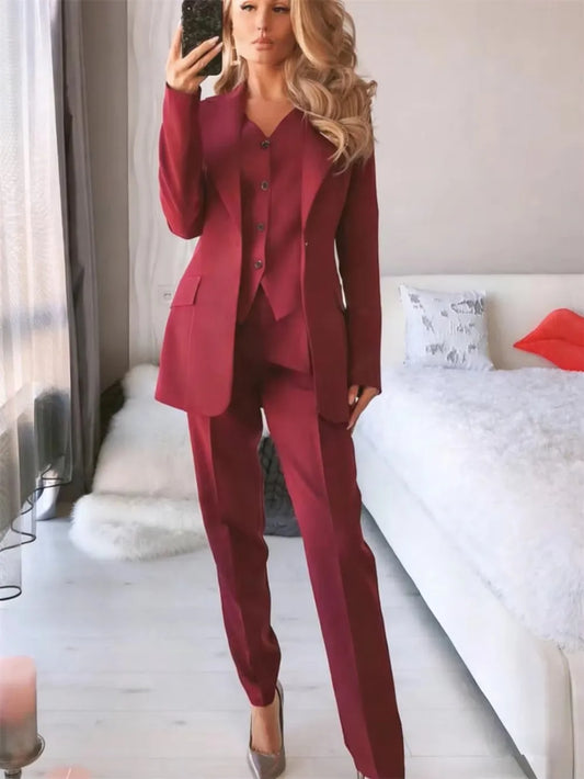Elegant Office Ladies Work Single Breasted Blazer Vest Pants Three Piece Set Women Slim Fit Formal High Quality Pant Suits Set