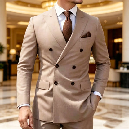Elegant Beige Men's Suits 2 Piece Set Peak Lapel Double Breasted Blazer Pants Business/Wedding Tuxedos Male Prom Party Men Suits