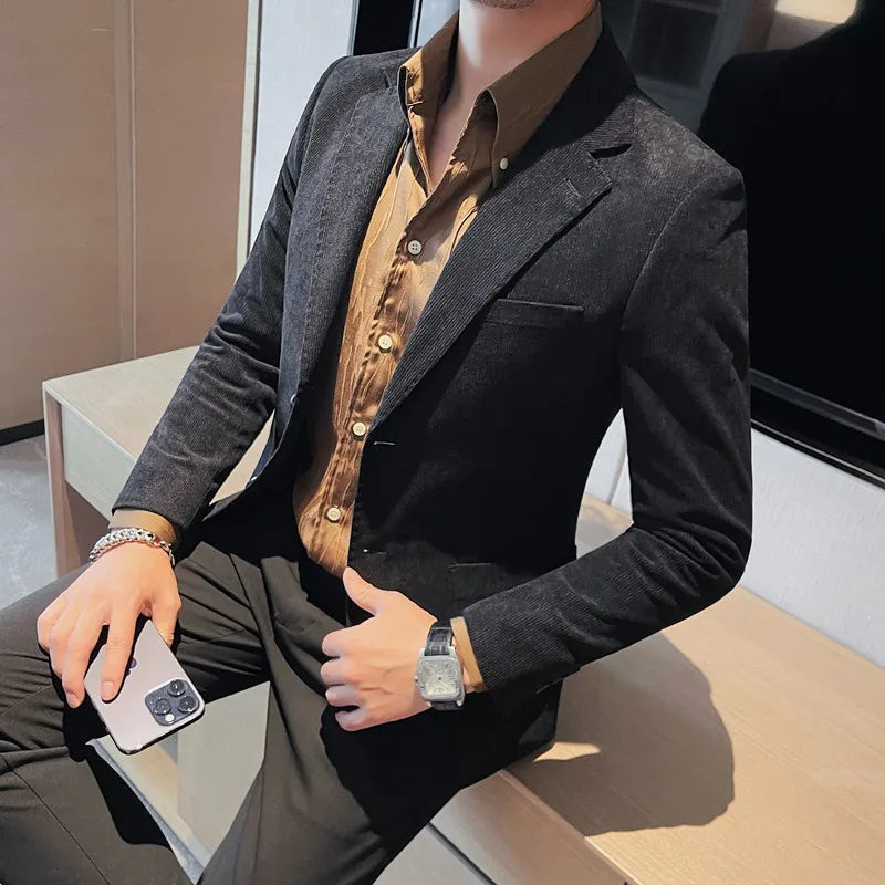 2024 High Quality Fashion Handsome Trend Business Matching Corduroy Small Suit Jacket Men Slim Fashion Casual Handsome Suit