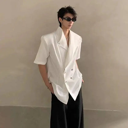 2026 Summer Fashion Double Breasted Solid Color Short Sleeve Blazer Coat Men's Elegant Temperament Korean Clothes JY6389