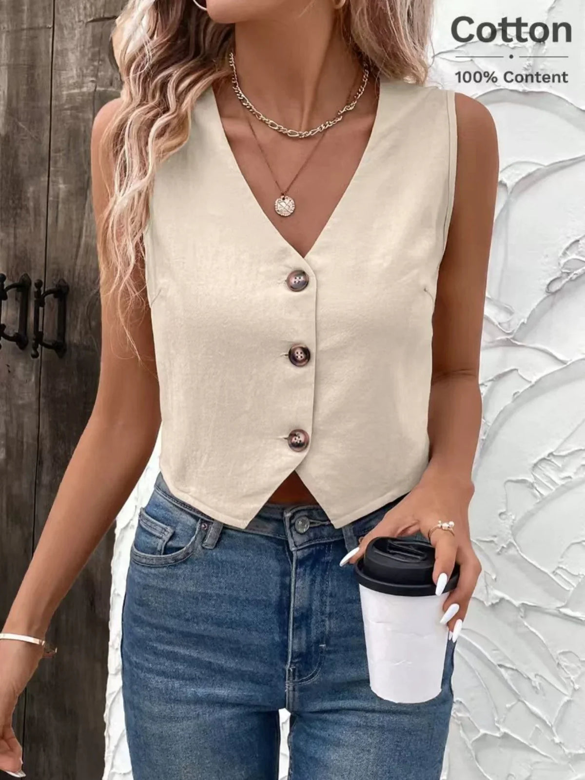 Elegant Sleeveless Cotton Waistcoat for Spring & Summer Minimalist Stylish Cropped Vest