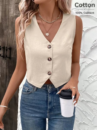 Elegant Sleeveless Cotton Waistcoat for Spring & Summer Minimalist Stylish Cropped Vest