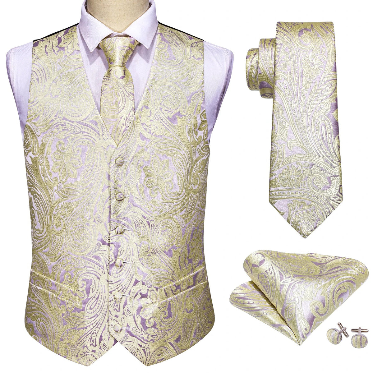 Men's Vest Embroidered Paisley Floral Waistcoat for Formal and Casual Wear — Green, Blue, Silver, Gray, Gold, Pink
