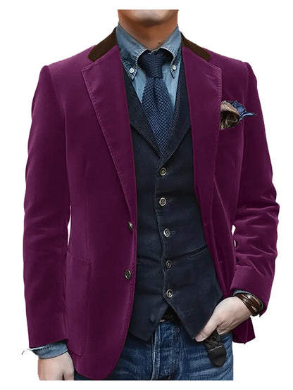 Men Velvet Blazer Contrast Brown Lapel Single Breasted Flap Pockets Smart Casual Business Streetwear Formal Outerwear