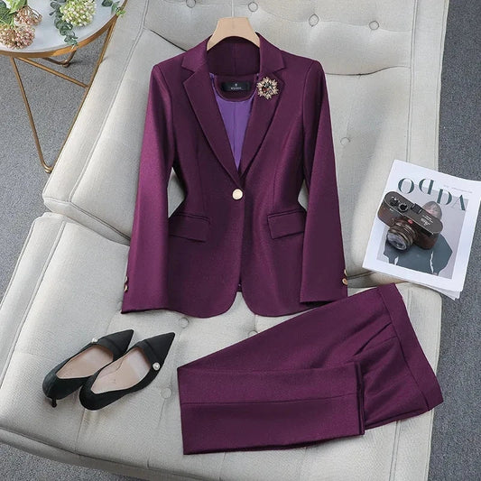 Ladies Blazer And Pant Suit Women Green Purple Blue Black Solid Formal Jacket Trouser Female Business Work Wear 2 Piece Set