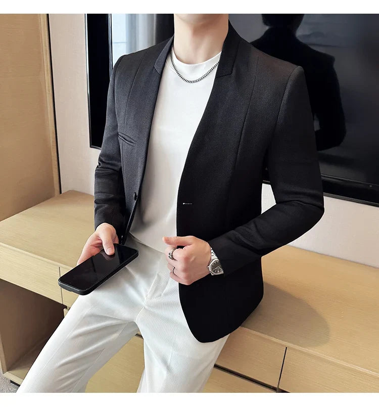 Chinese Style Collarless Suit Jacket Men Fashion Slim Fit Versatile Blazers Male Casual Business Wedding Groom Dress Jacket 2025