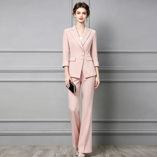 Elegant Formal Blazer Pants Set for Woman 2 Pieces Matching Sets Autumn Office Lady Work Jacket and Trousers Suit Pink