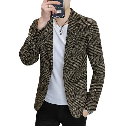 Men's Slim Fit Blazer Single Breasted Plaid Smart Casual Suit Jacket