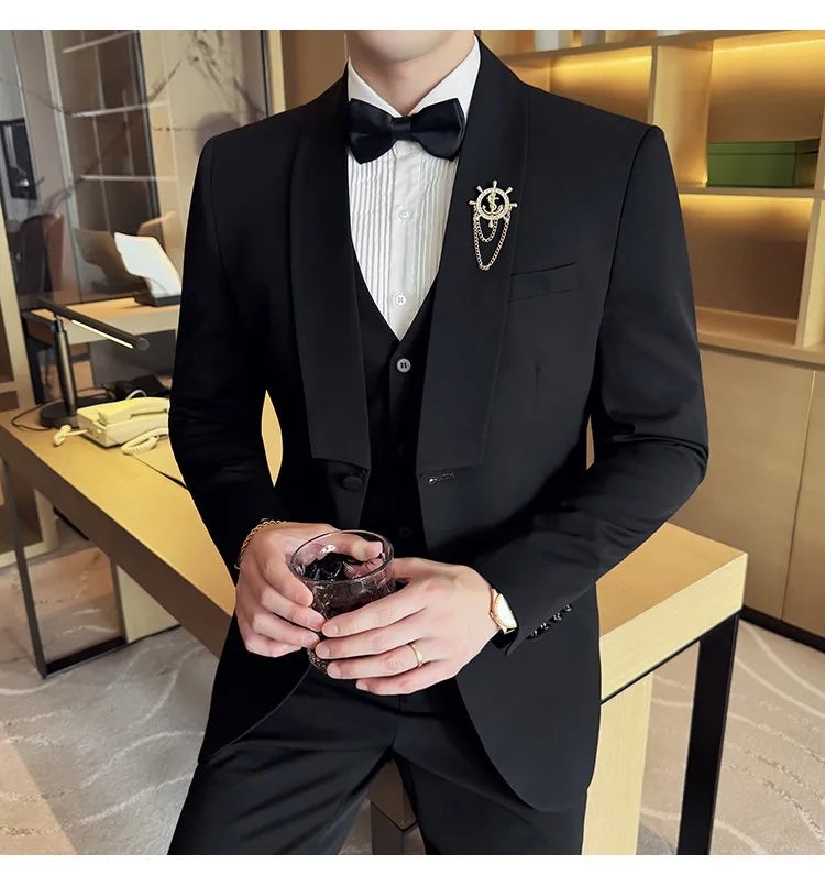 High Quality Casual Business Suit Set Men Slim Fit Social Wedding Groom Formal Set 3 Piece Set (jacket+vest+pant）men Clothing