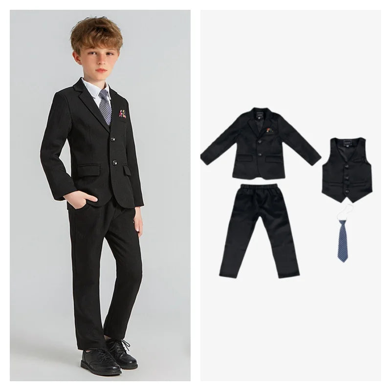 Kids Spring Autumn Striped Suit Set Flower Boys Wedding Outfit 1-11Years Children's Blazer Vest Pants Tie 4Pieces Clothes Set
