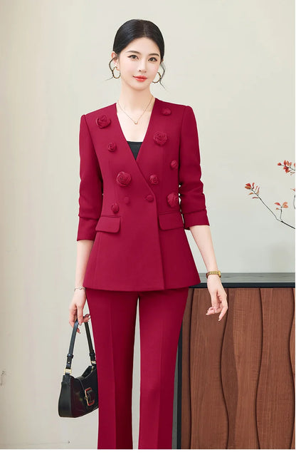 Spring Fashion Office Ladies Blazer and Pants Suit Formal Solid Color Women Jacket Trouser Women Business Work Wear 2 Piece Set