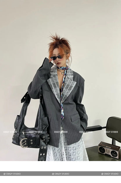Women's Dark Grey Striped Blazer Jacket Y2k 2000s Vintage Suit Coat Fashion Casual Long Sleeve V-Neck Oversize Outerwear Autumn
